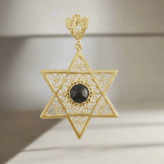 Gold Star of David Filigree Pendant with Black Onyx – Handcrafted Artisan Necklace - TurkishBling