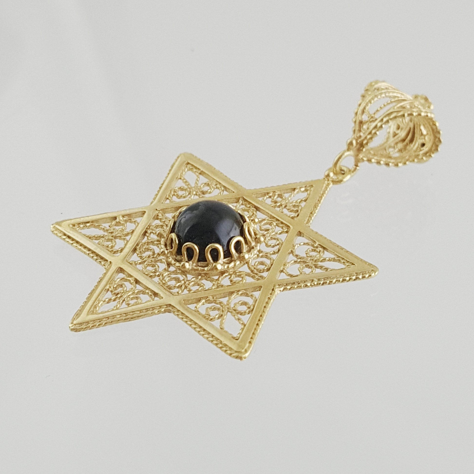 Gold Star of David Filigree Pendant with Black Onyx – Handcrafted Artisan Necklace - TurkishBling