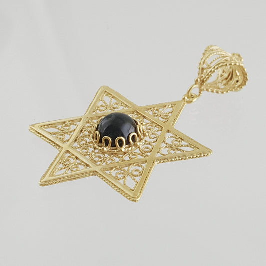 Gold Star of David Filigree Pendant with Black Onyx – Handcrafted Artisan Necklace - TurkishBling