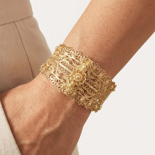 Wide Filigree Cuff Bracelet with Floral Openwork
