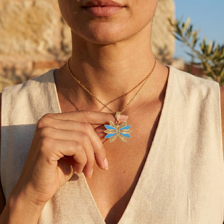 Turquoise Enamel Butterfly Pendant Filigree Gold Charm