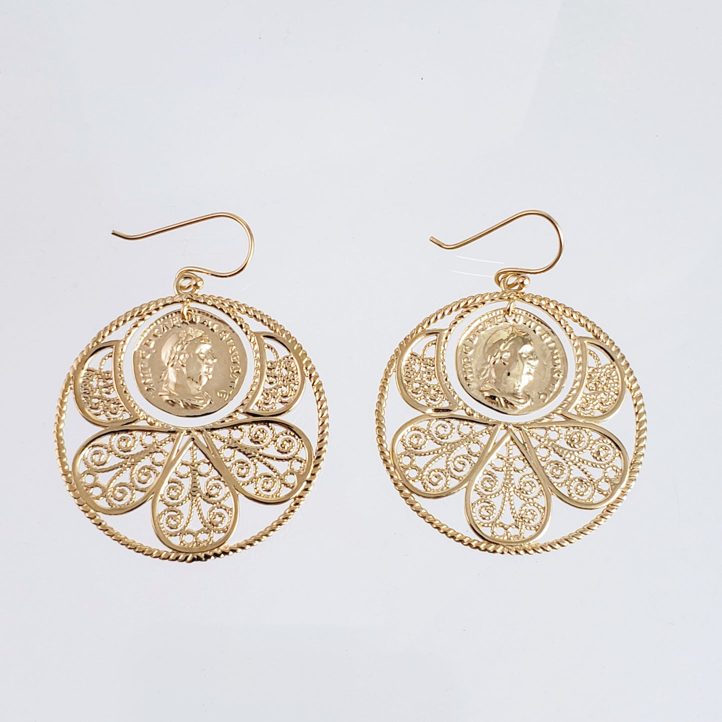 Filigree Coin Medallion Dangle Earrings with Petal Frame