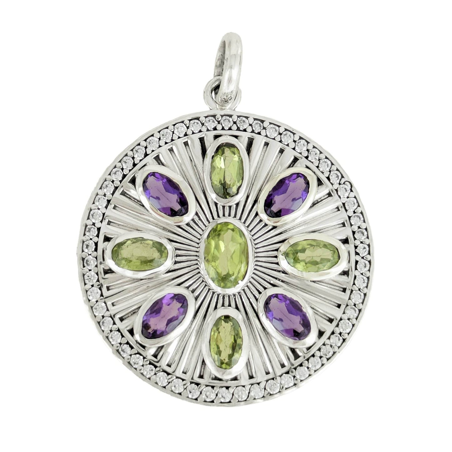 Amethyst & Peridot Sunburst Pendant – CZ Halo, Rhodium over Sterling Silver - TurkishBling
