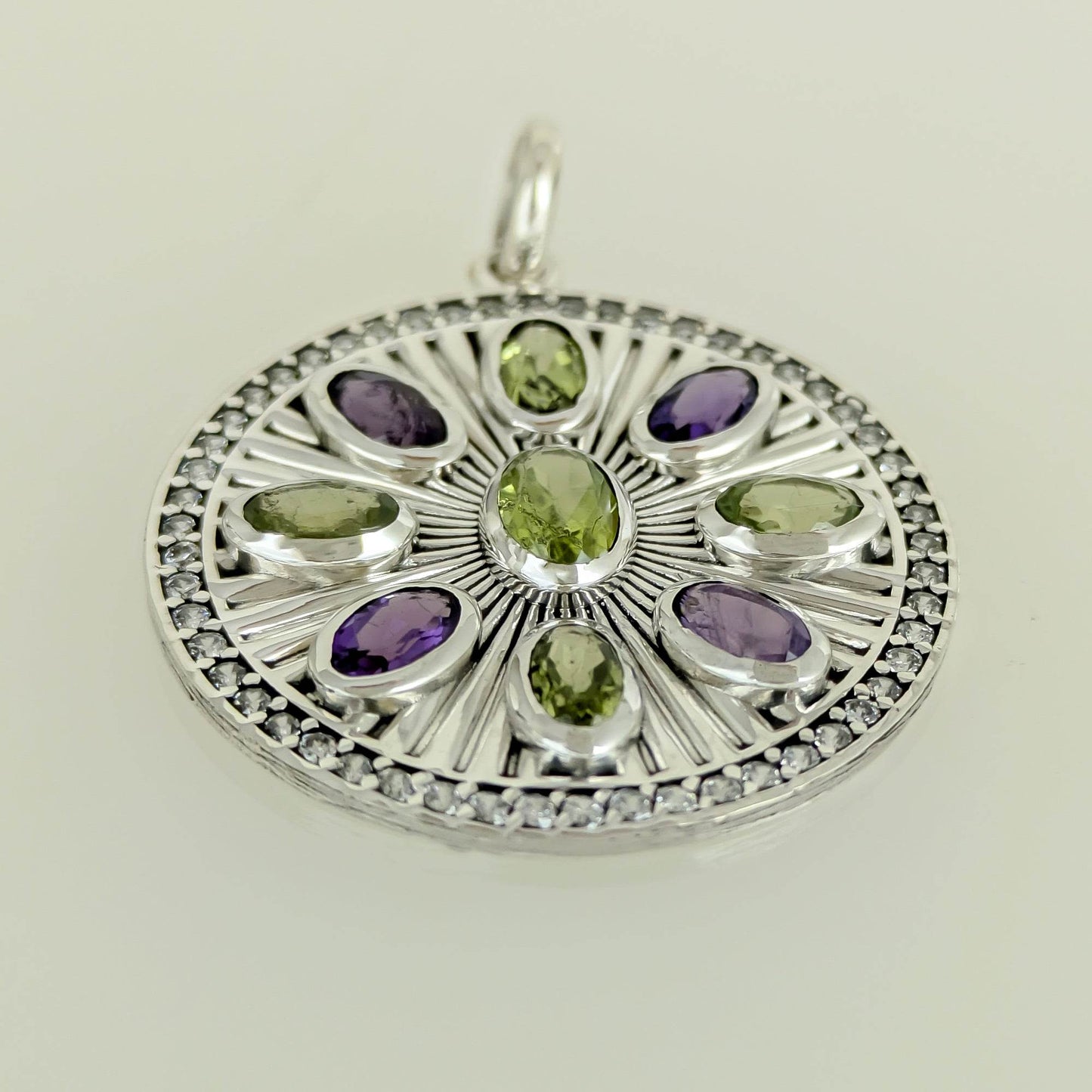 Amethyst & Peridot Sunburst Pendant – CZ Halo, Rhodium over Sterling Silver - TurkishBling