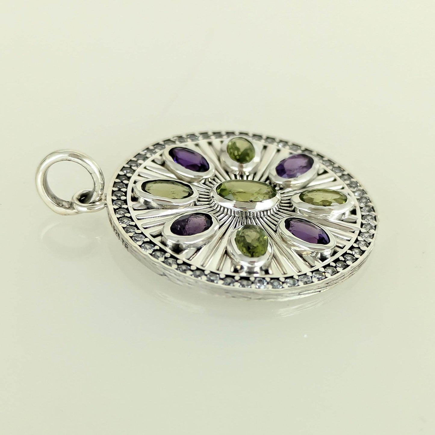 Amethyst & Peridot Sunburst Pendant – CZ Halo, Rhodium over Sterling Silver - TurkishBling
