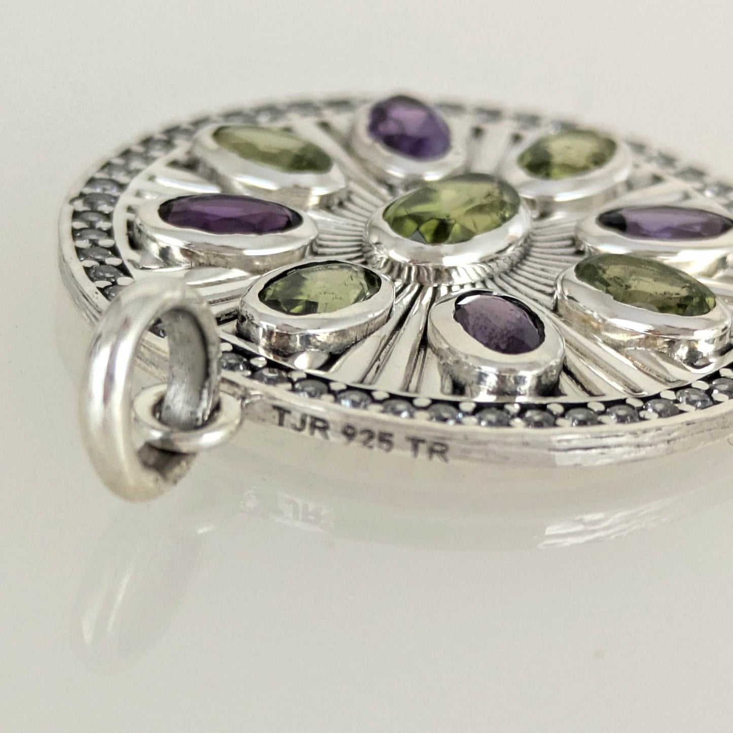 Amethyst & Peridot Sunburst Pendant – CZ Halo, Rhodium over Sterling Silver - TurkishBling