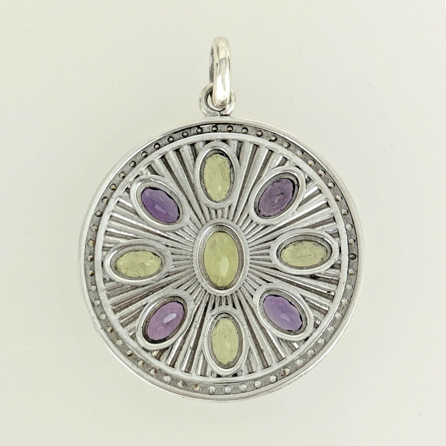 Amethyst & Peridot Sunburst Pendant – CZ Halo, Rhodium over Sterling Silver - TurkishBling