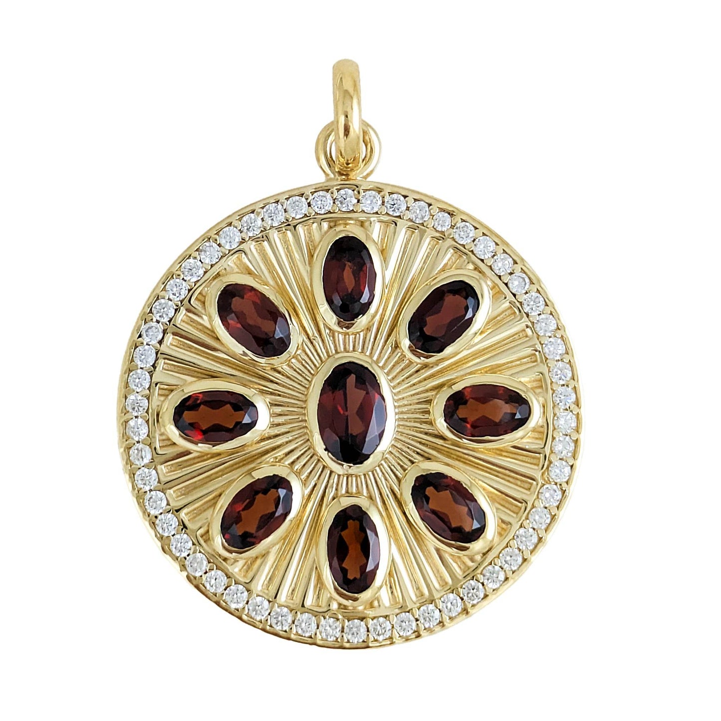 Garnet Sunburst Pendant – White CZ Halo, Gold over Sterling Silver - TurkishBling