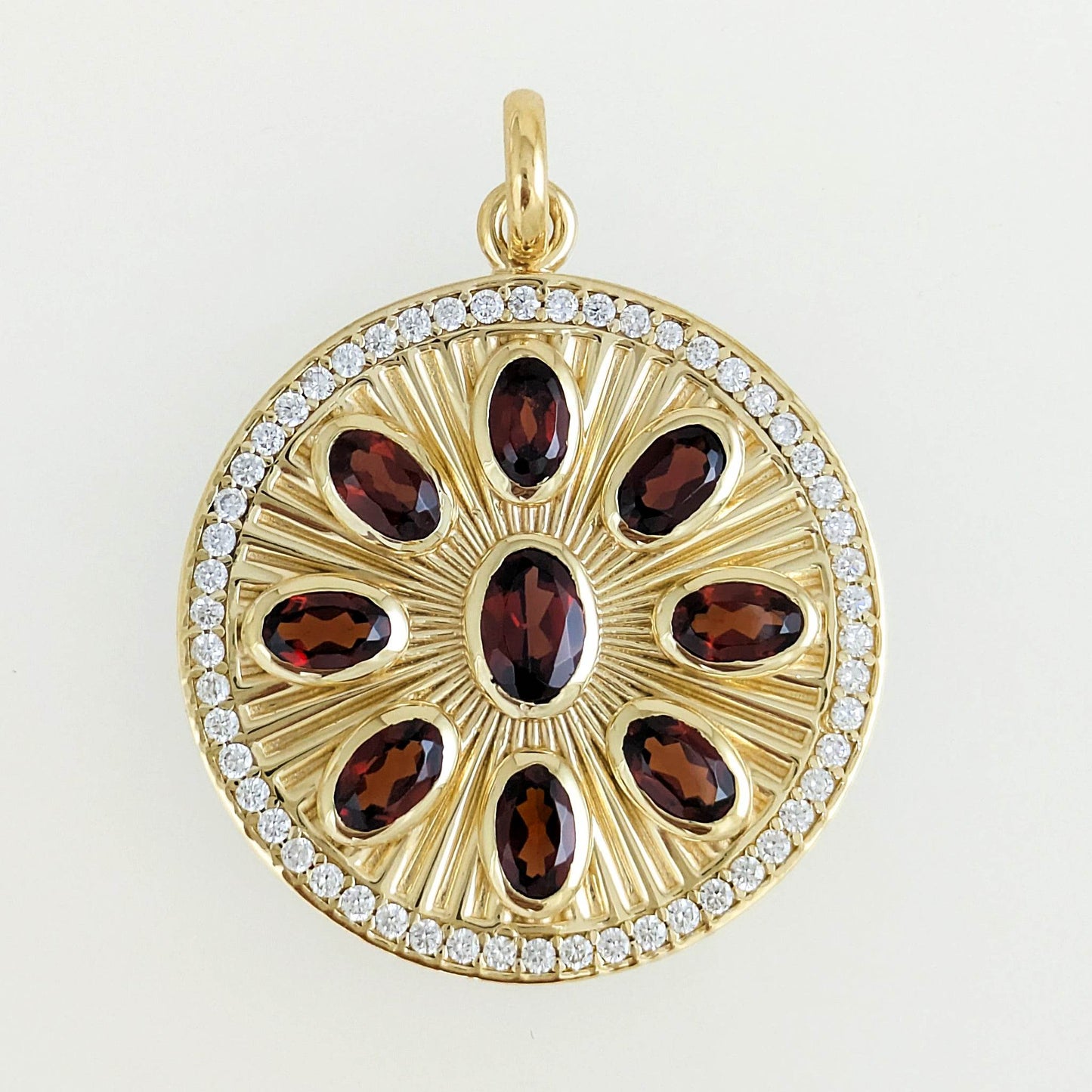 Garnet Sunburst Pendant – White CZ Halo, Gold over Sterling Silver - TurkishBling