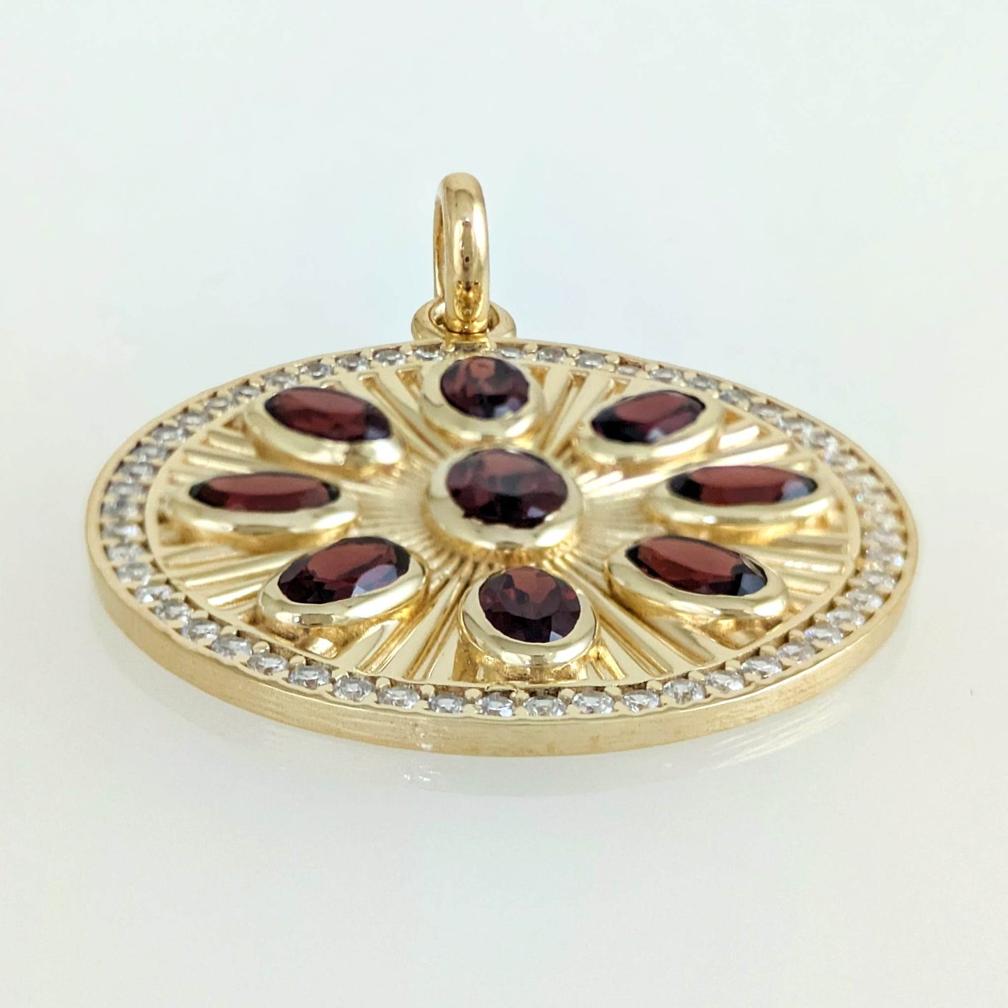 Garnet Sunburst Pendant – White CZ Halo, Gold over Sterling Silver - TurkishBling