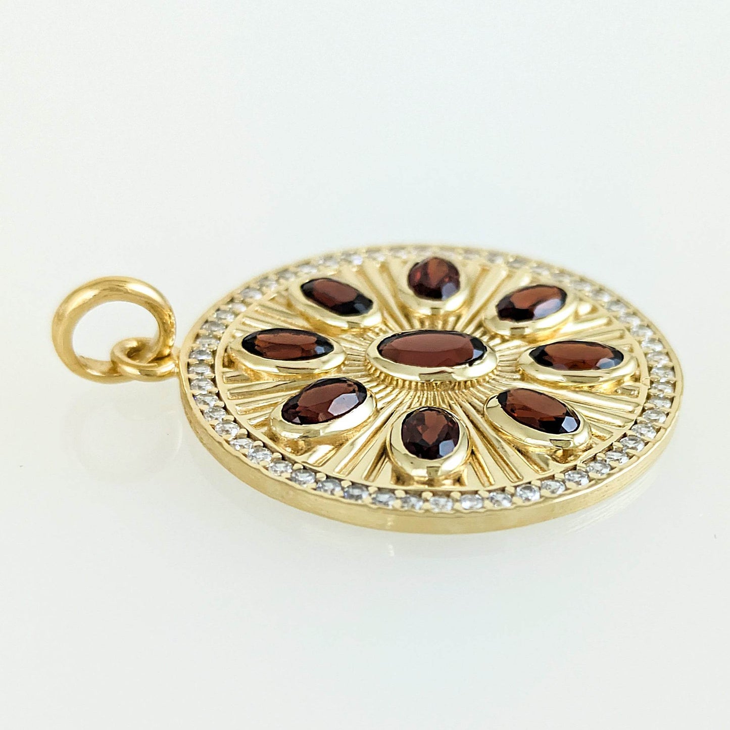 Garnet Sunburst Pendant – White CZ Halo, Gold over Sterling Silver - TurkishBling