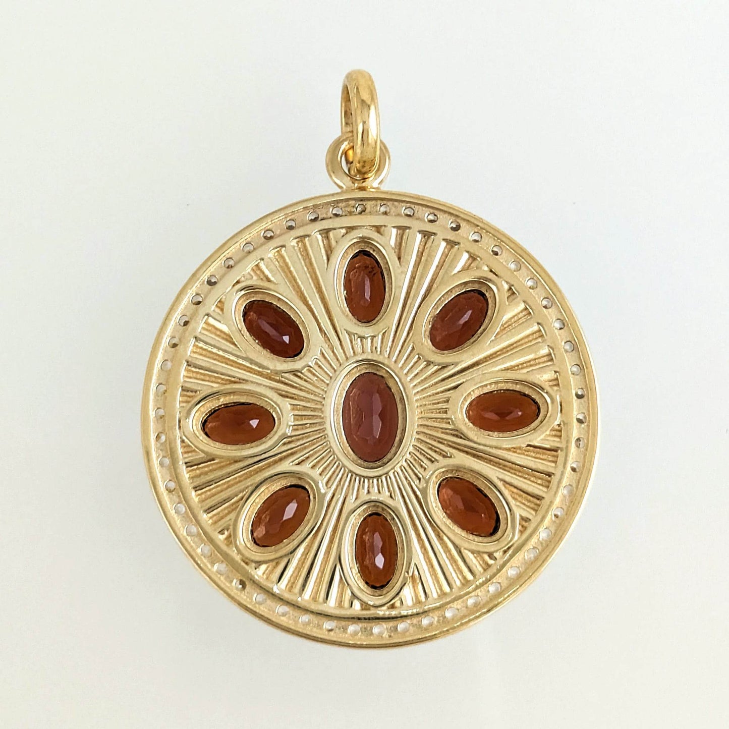 Garnet Sunburst Pendant – White CZ Halo, Gold over Sterling Silver - TurkishBling
