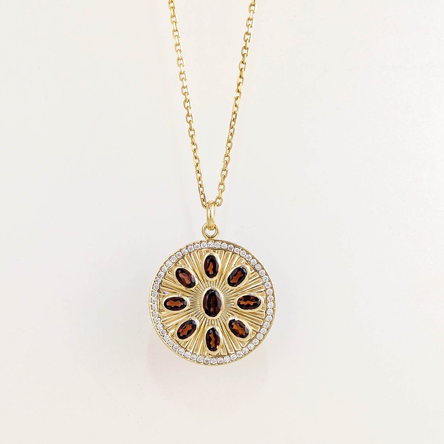 Garnet Sunburst Pendant – White CZ Halo, Gold over Sterling Silver - TurkishBling