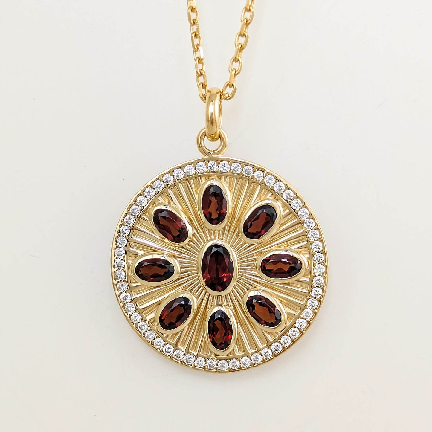 Garnet Sunburst Pendant – White CZ Halo, Gold over Sterling Silver - TurkishBling