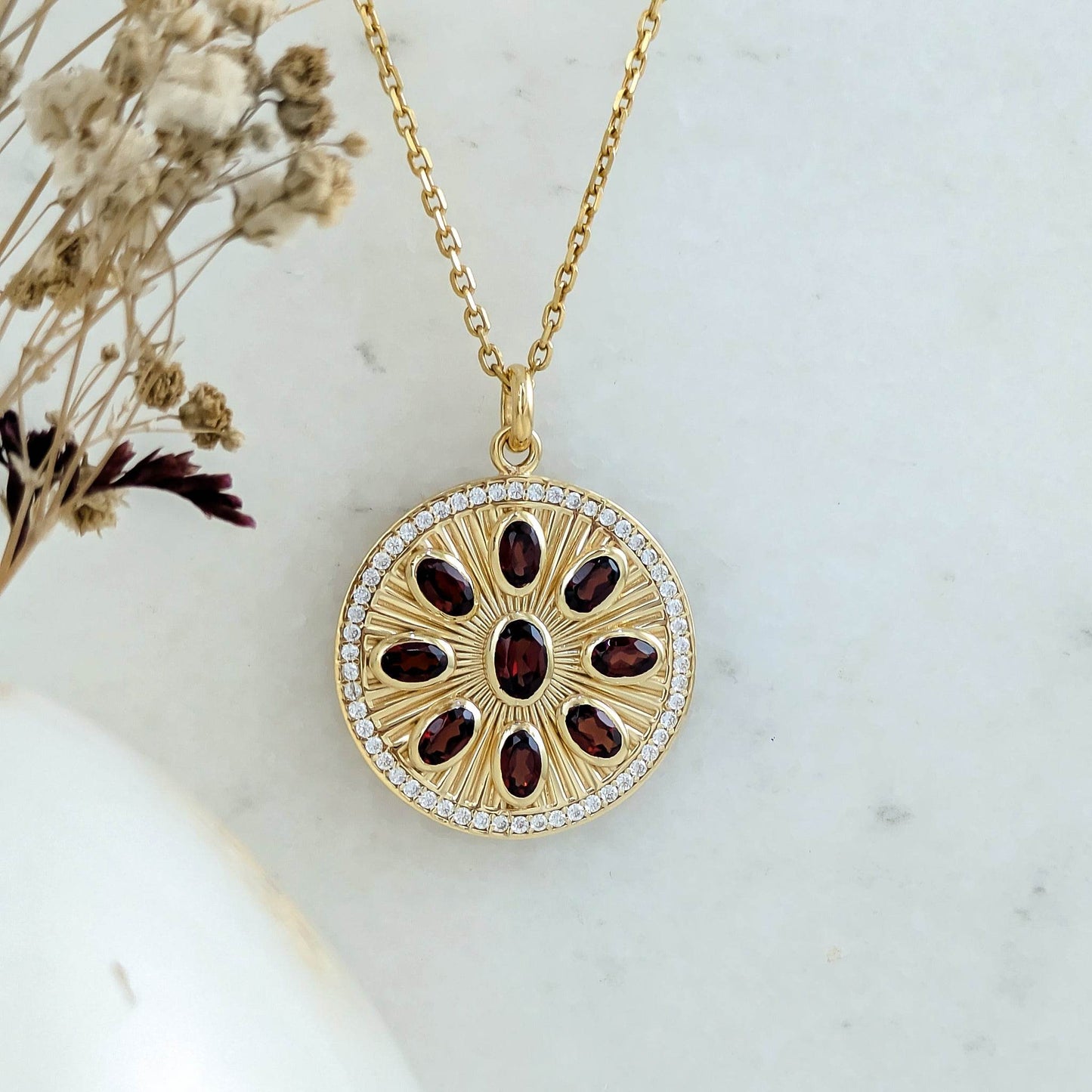 Garnet Sunburst Pendant – White CZ Halo, Gold over Sterling Silver - TurkishBling