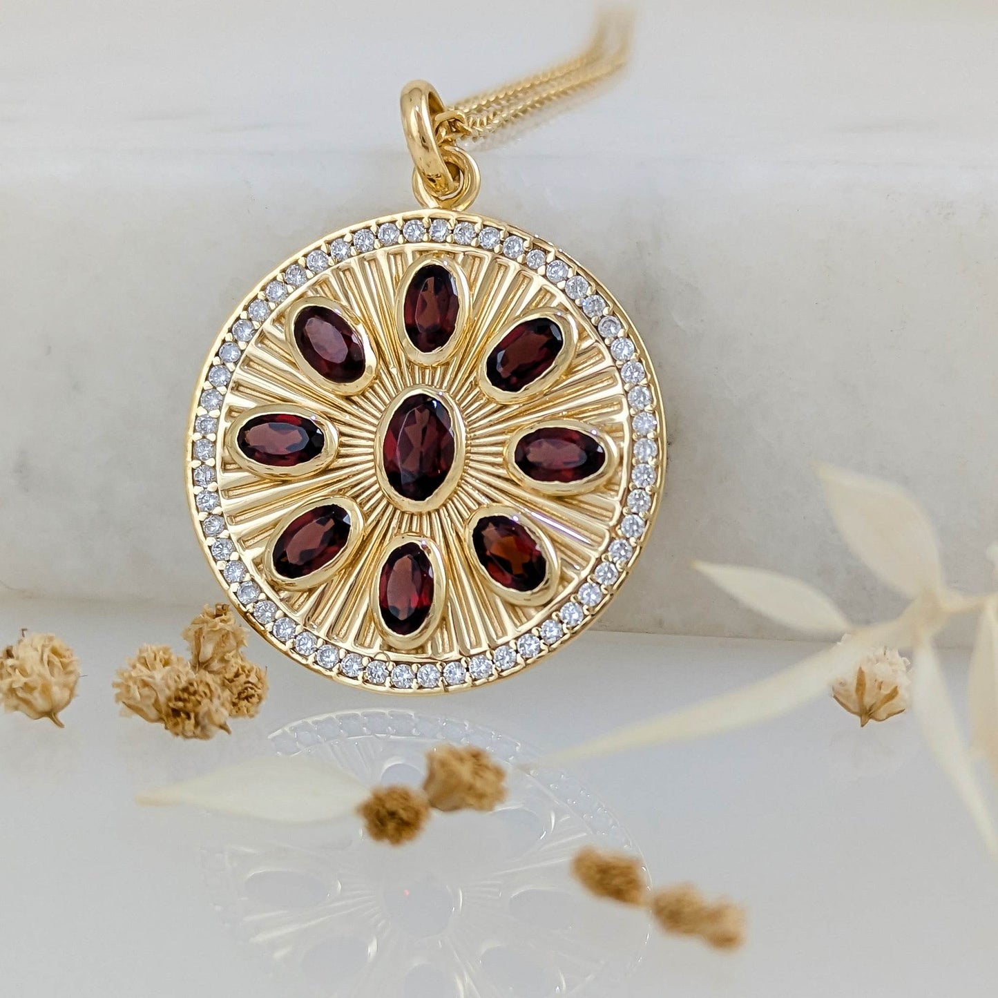 Garnet Sunburst Pendant – White CZ Halo, Gold over Sterling Silver - TurkishBling
