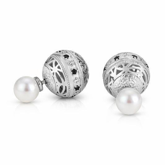 Black Spinel Pearl Stud Earrings Double Ball Gold Over Bronze