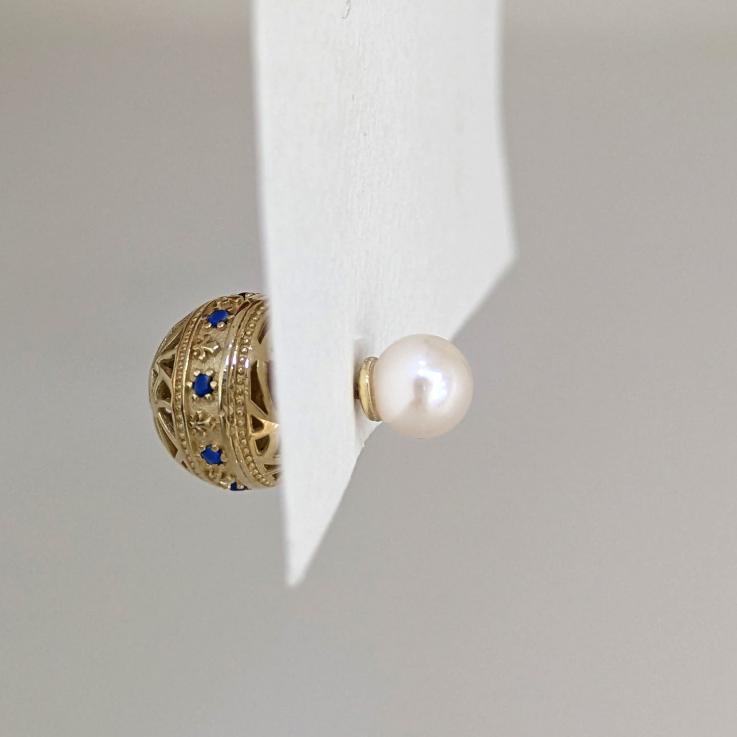 Blue Sapphire CZ Pearl Stud Earrings Double Ball Gold Over Silver