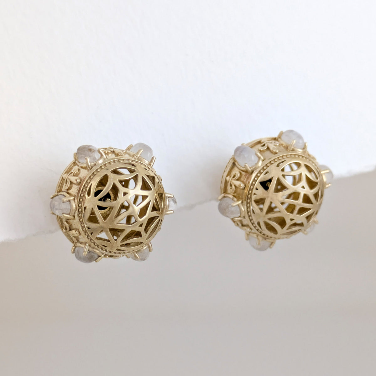 Moonstone & Black Pearl Statement Earrings – Fleur-de-Lis Openwork Design