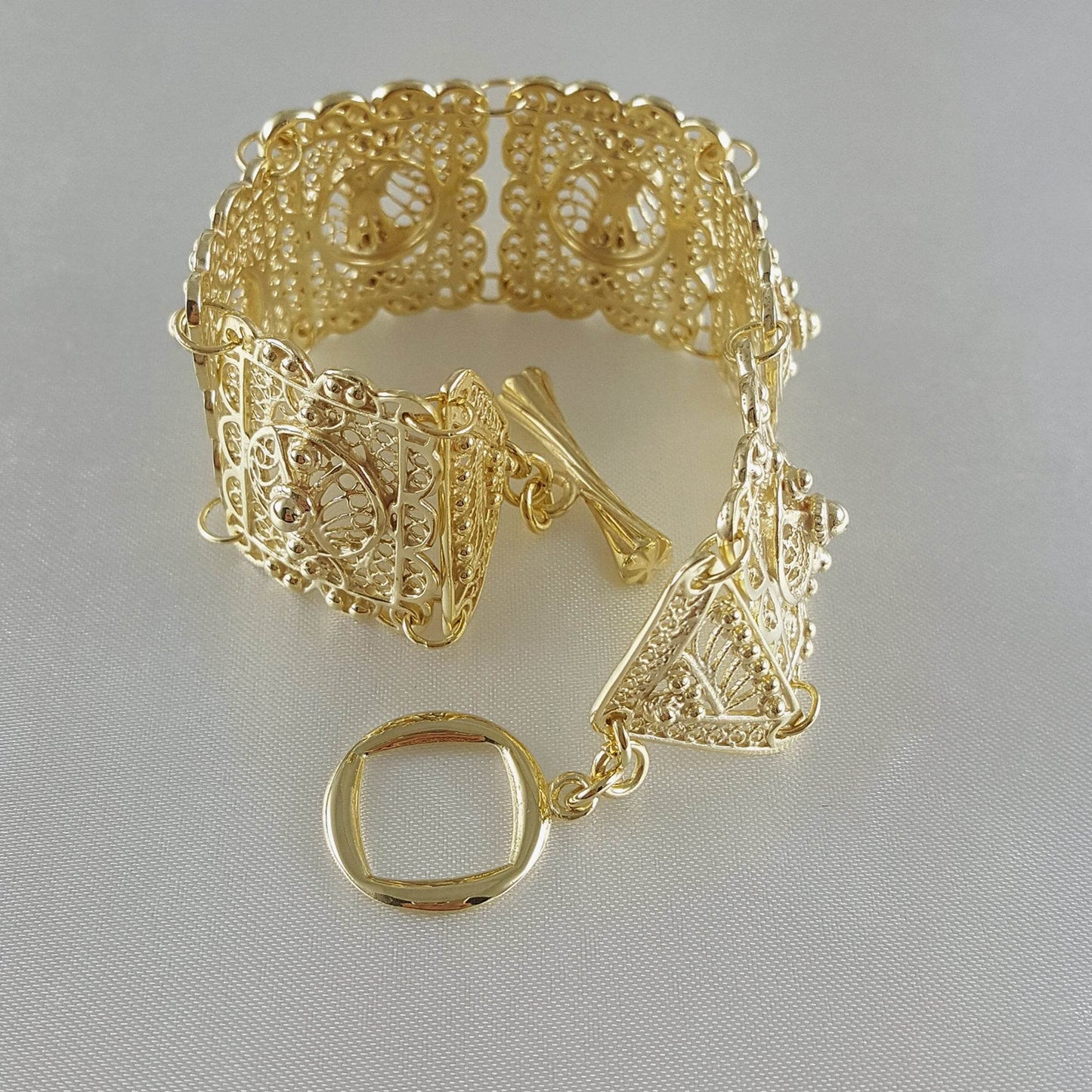 Statement Filigree Panel Bracelet with Toggle Clasp - TurkishBling