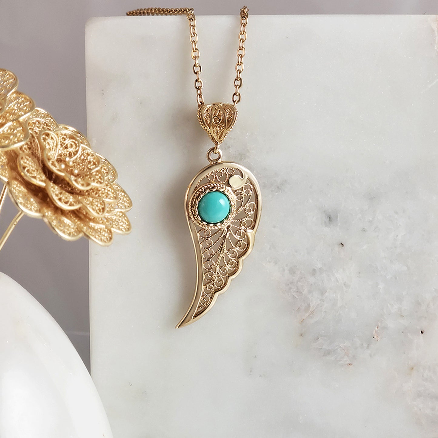Filigree Angel Wing Pendant with Turquoise Stone