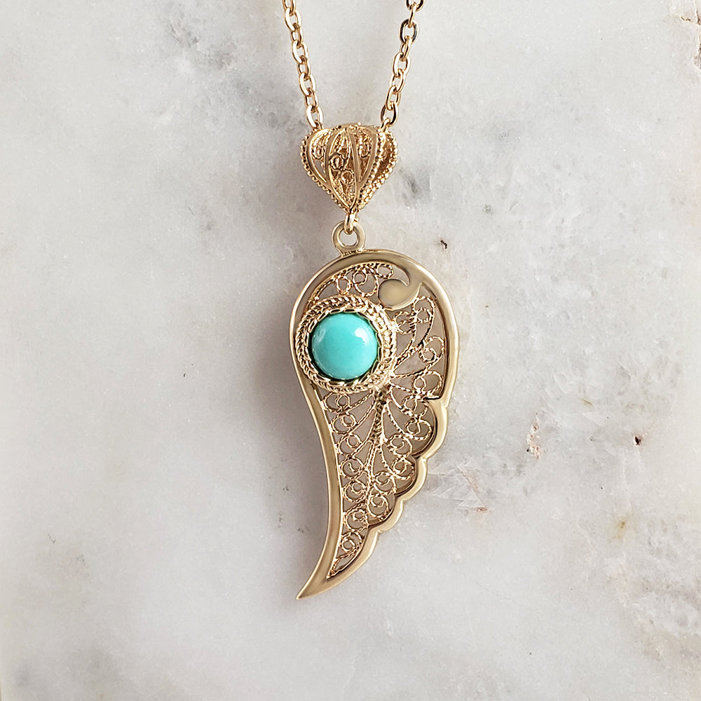 Filigree Angel Wing Pendant with Turquoise Stone
