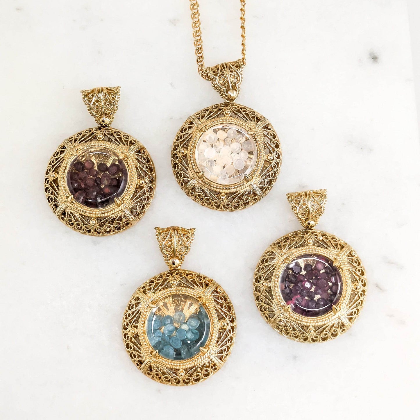 Filigree Locket Shaker Pendant with Floating Gemstones – 36 in. Love Link Chain - TurkishBling