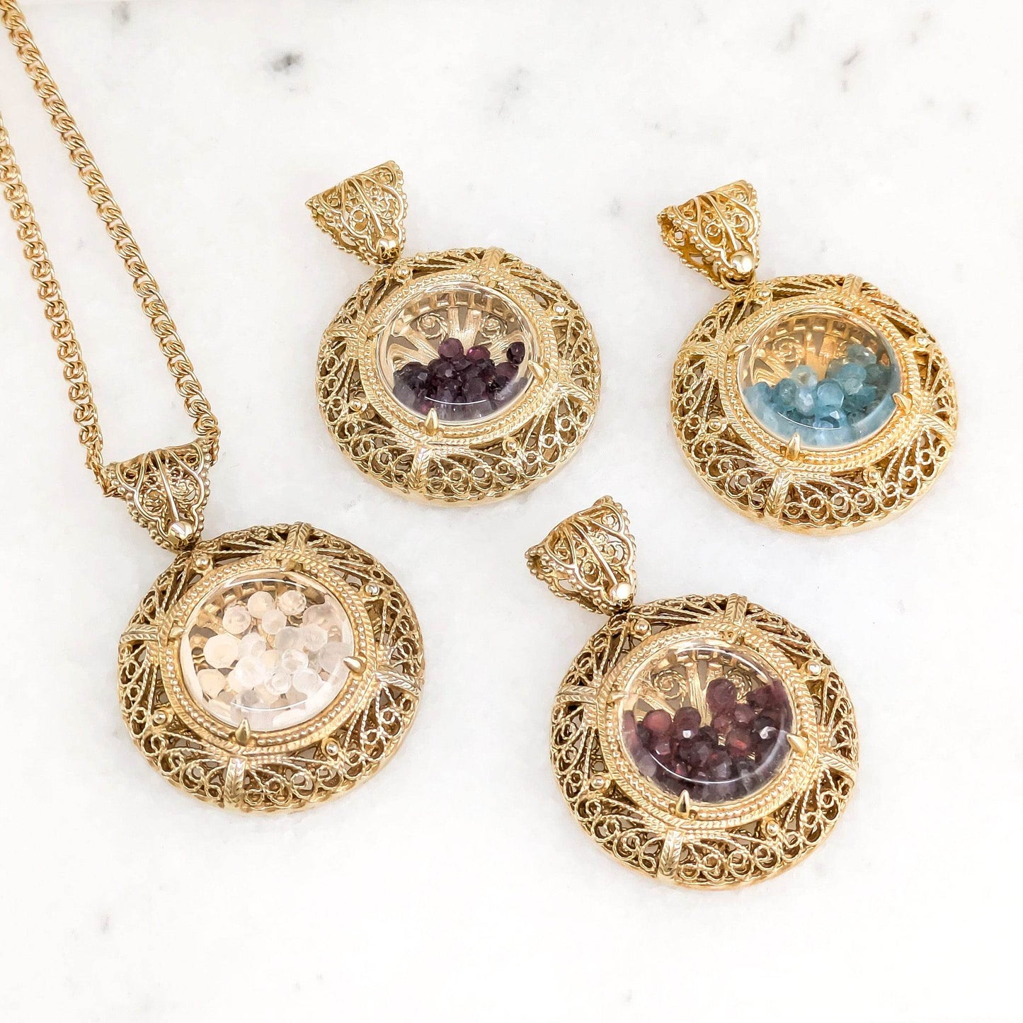 Filigree Locket Shaker Pendant with Floating Gemstones – 36 in. Love Link Chain - TurkishBling