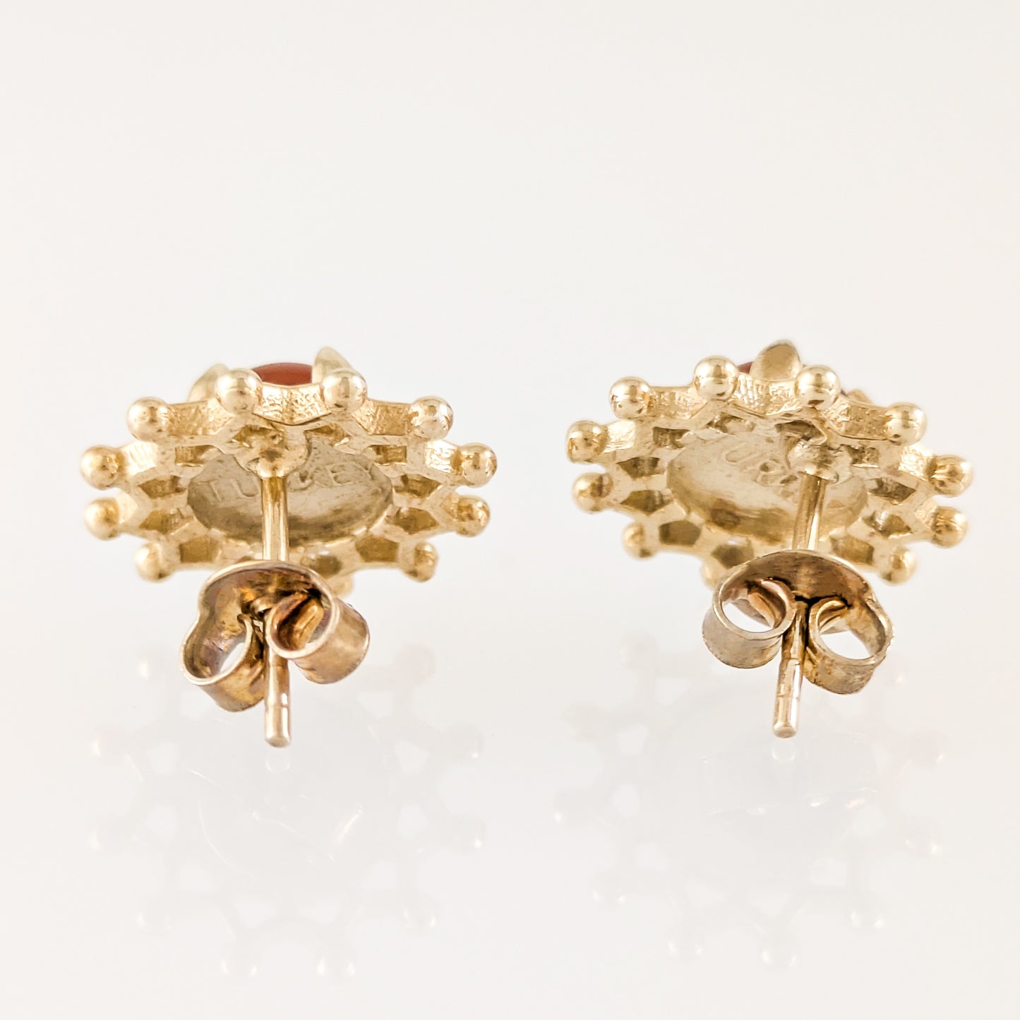 Carnelian Cabochon Stud Earrings with Ornate Openwork Design