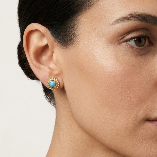 Turquoise Cabochon Stud Earrings with Ornate Floral Design