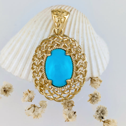 Oval Turquoise Pendant with Woven Openwork Frame