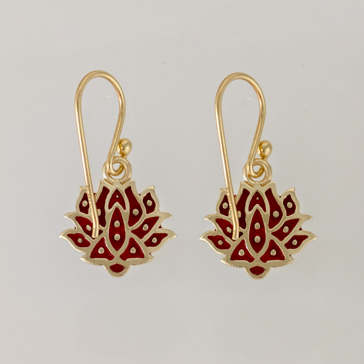 Red and Green Lotus Earrings Gold Enamel Lotus Flower Drop Earrings