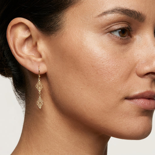 Double Diamond Filigree Drop Earrings
