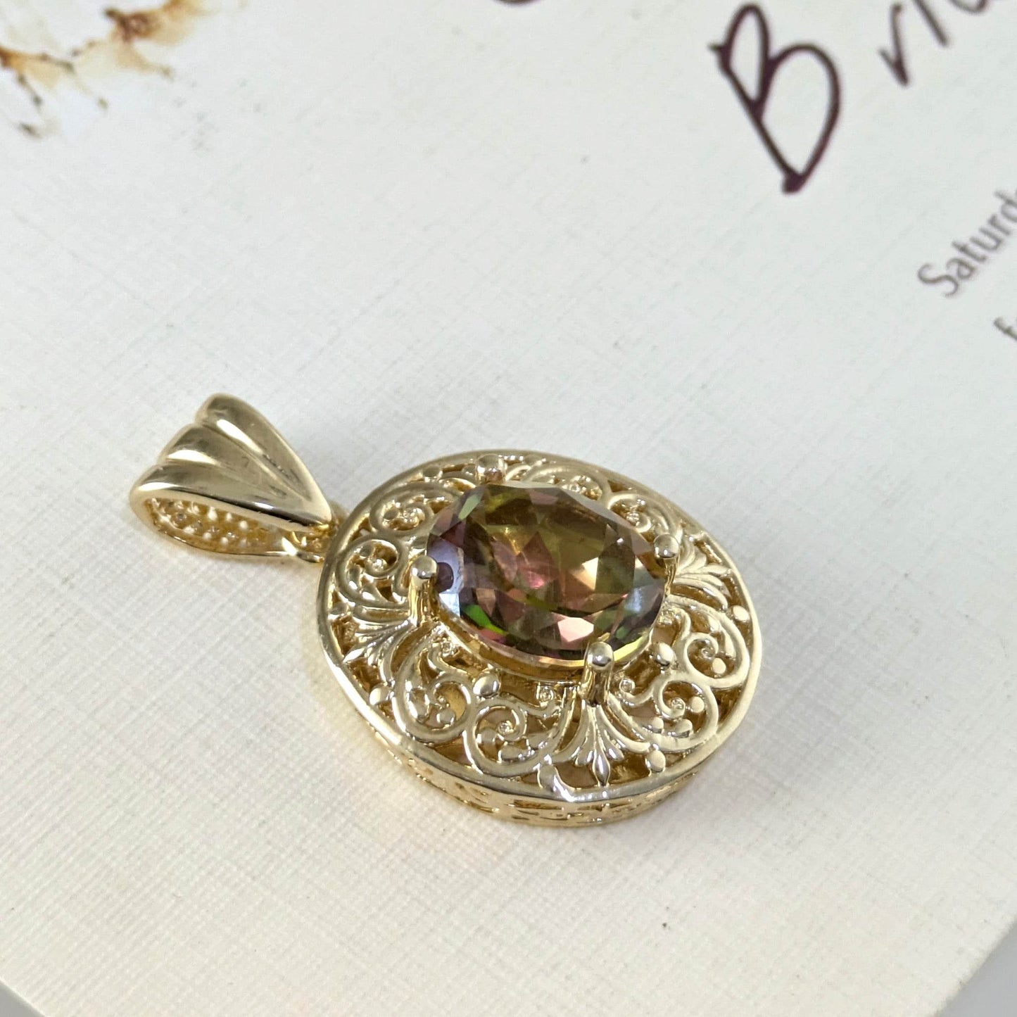 Scrollwork Oval Pendant with 10x12mm Diaspore Color Quartz Gemstone - TurkishBling