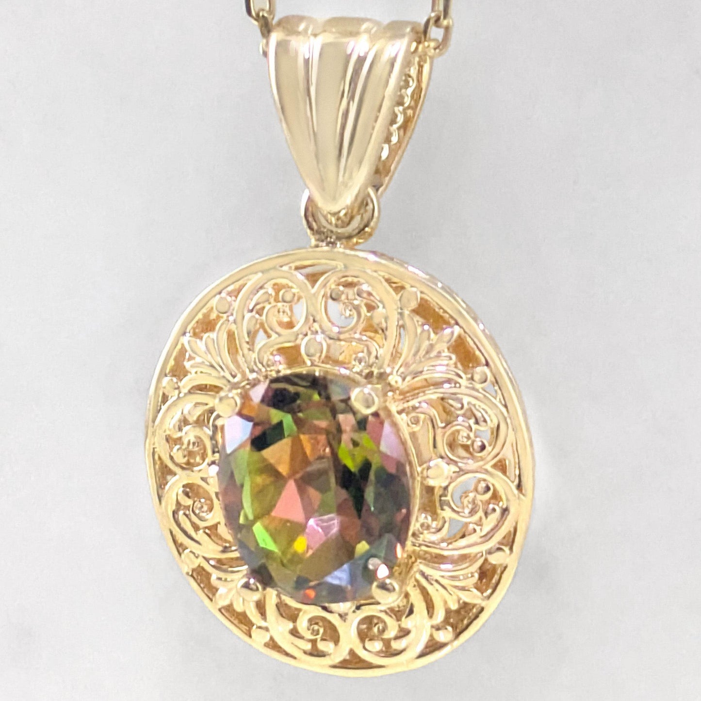 Scrollwork Oval Pendant with 10x12mm Diaspore Color Quartz Gemstone - TurkishBling