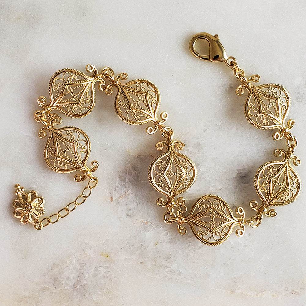 Gold Plated Bronze Filigree Bracelet with Elegant Floral Design - TurkishBling