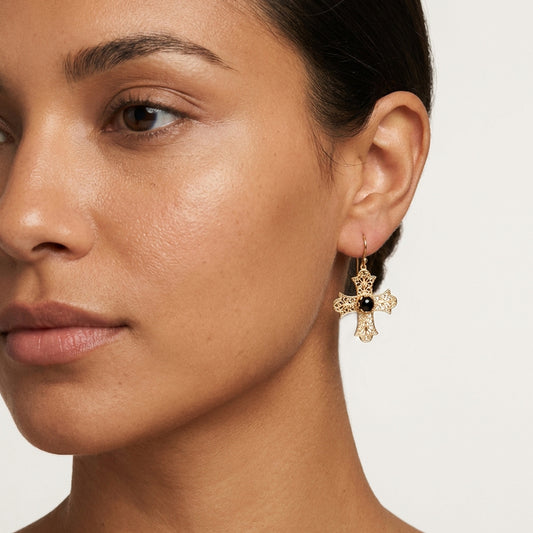 Discover handcrafted Filigree Cross Drop Earrings with genuine Black Ony
