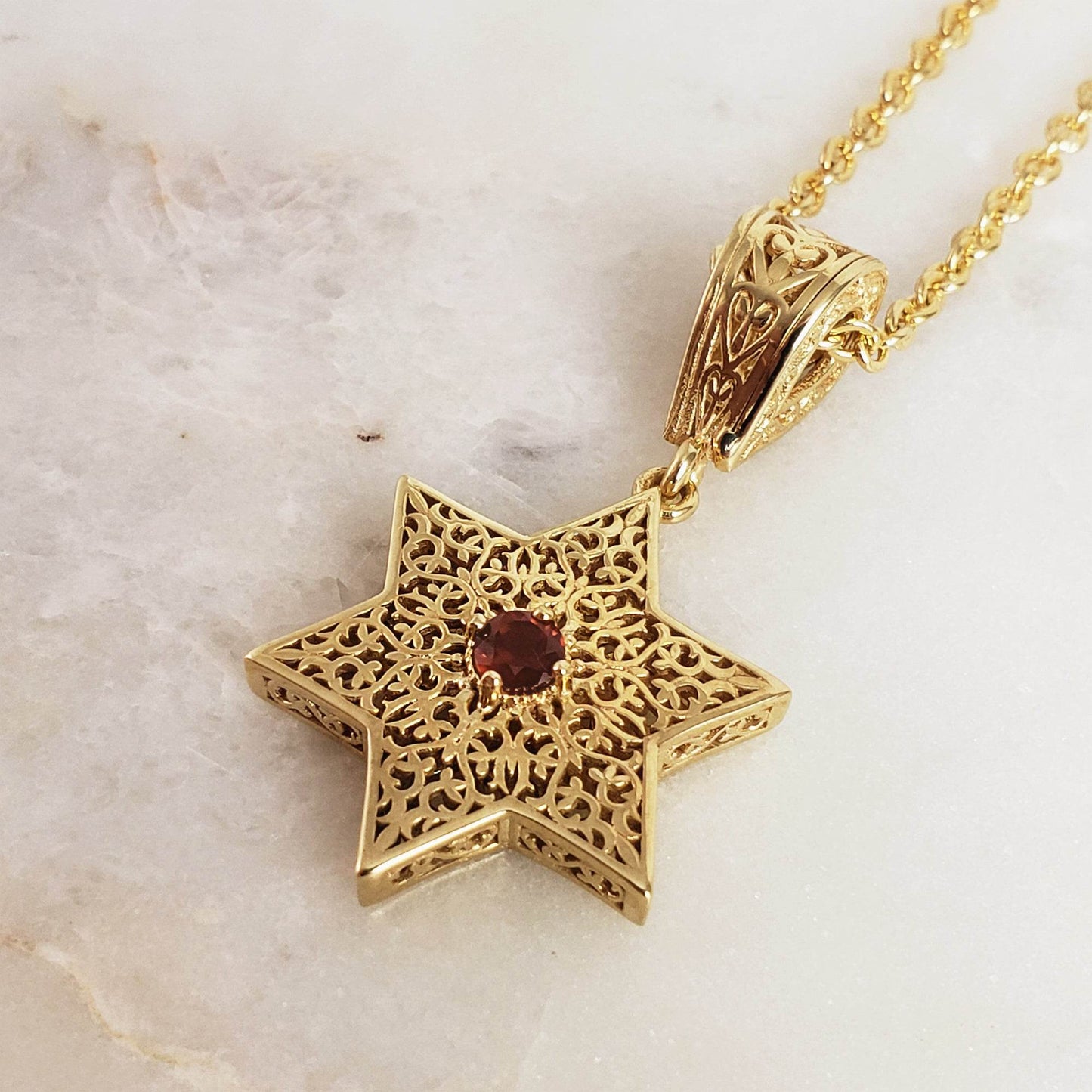 Star of David Filigree Pendant with Garnet or Citrine – Optional Chain - TurkishBling