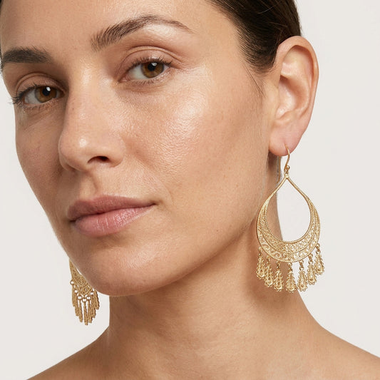 Statement Teardrop Filigree Earrings with Fringe Accents