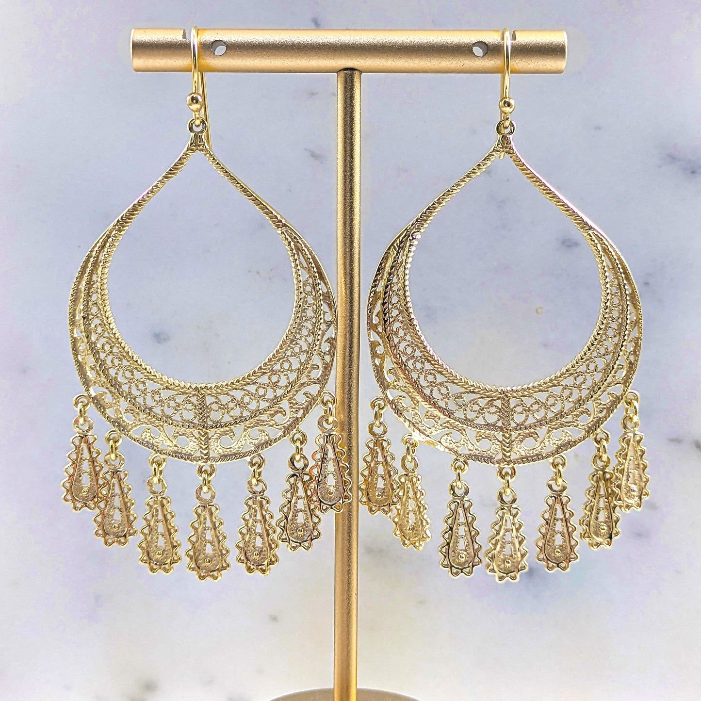 Statement Teardrop Filigree Earrings with Fringe Accents