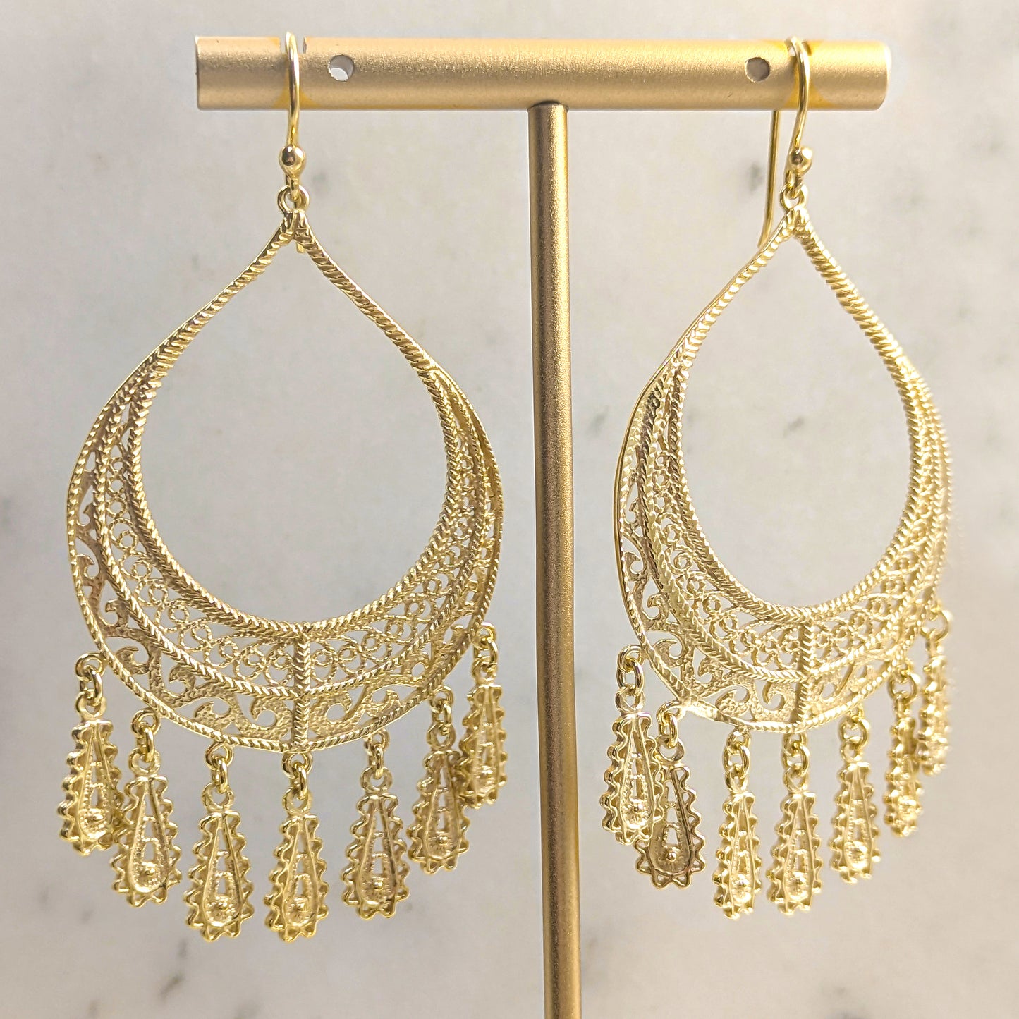 Statement Teardrop Filigree Earrings with Fringe Accents