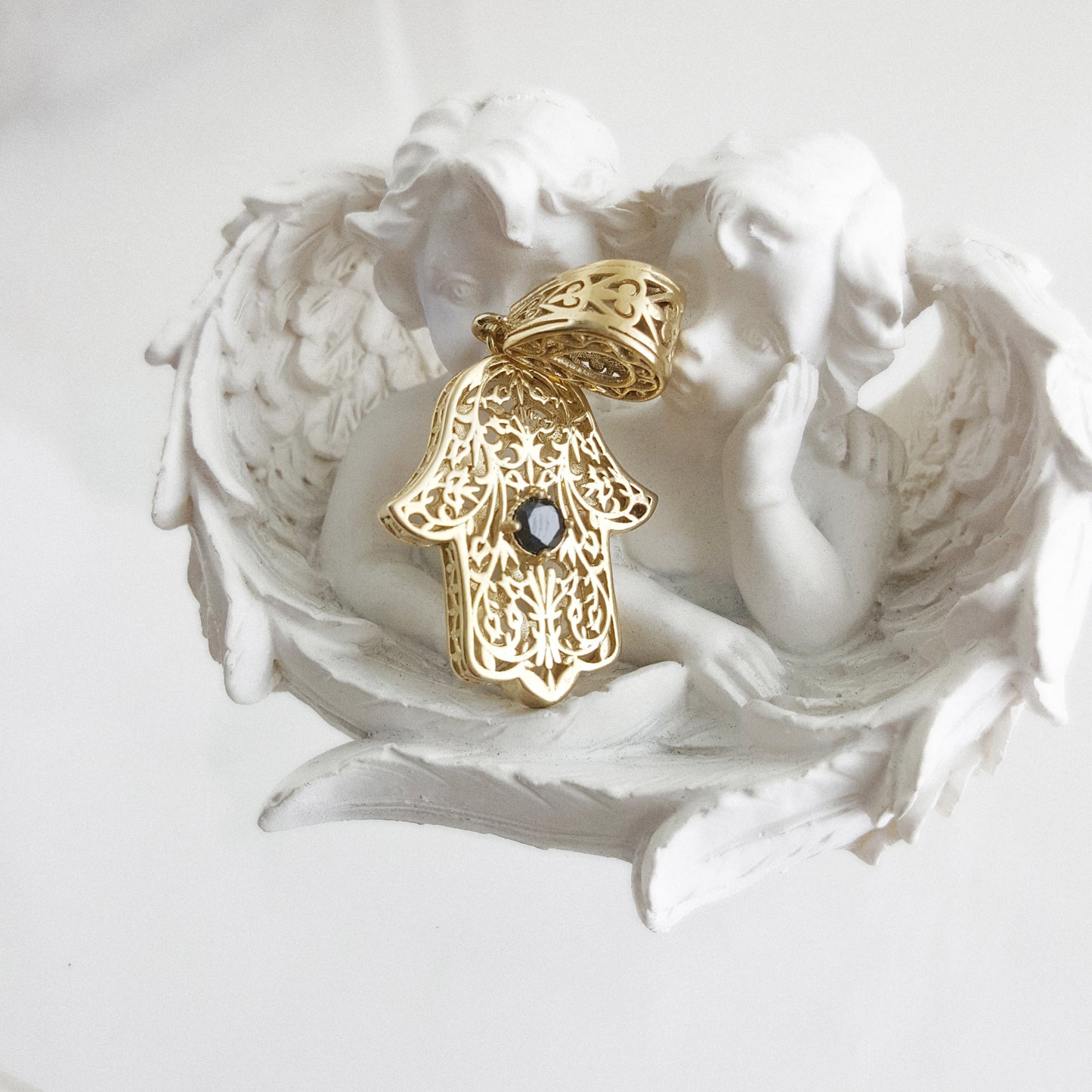 Filigree Hamsa Pendant with Ruby or Black Crystal