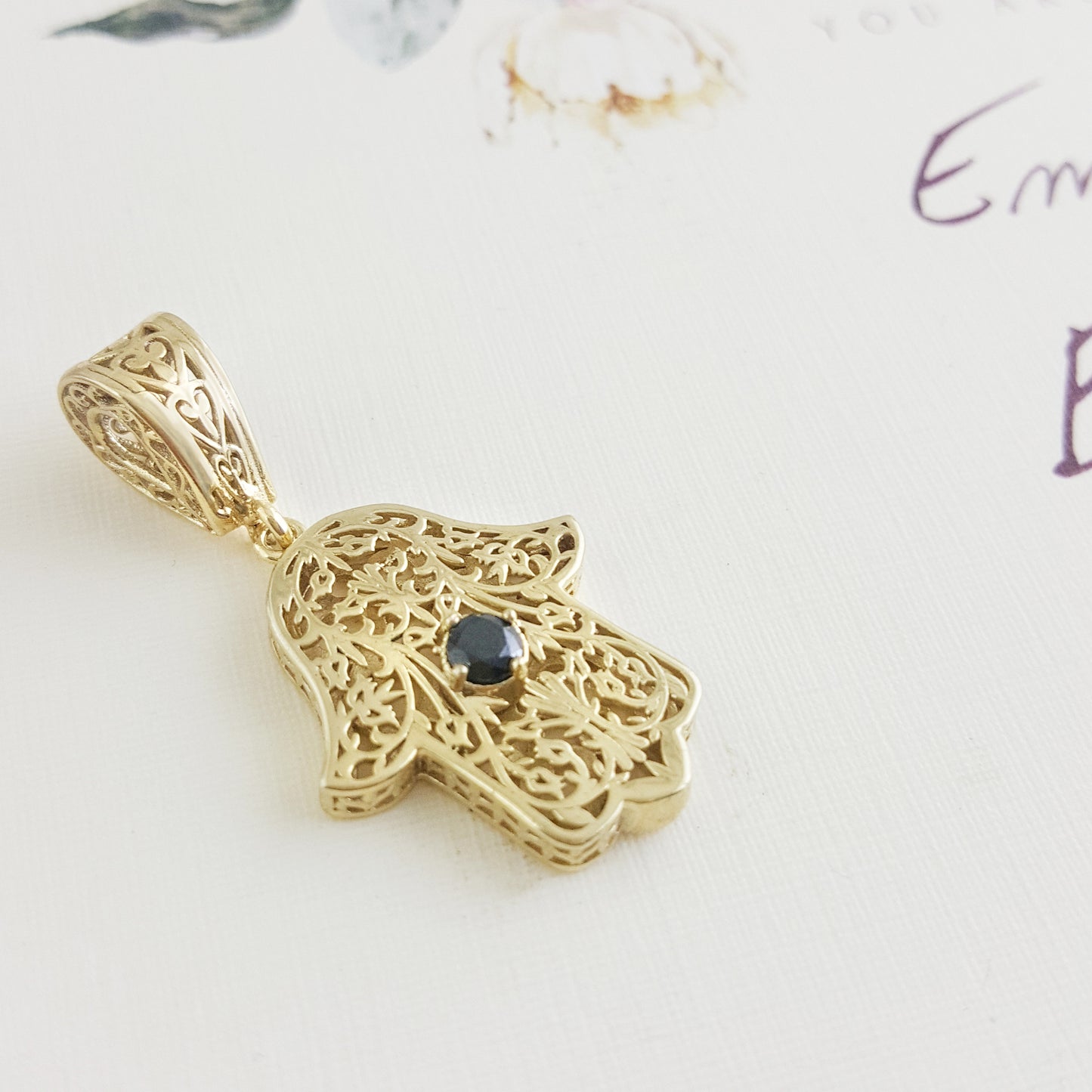 Filigree Hamsa Pendant with Ruby or Black Crystal