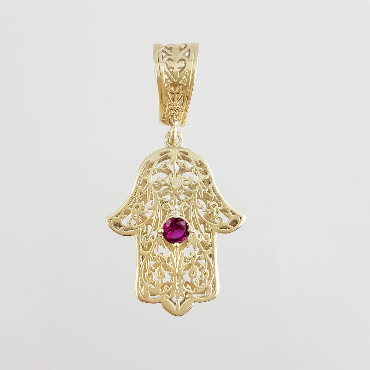 Filigree Hamsa Pendant with Ruby or Black Crystal