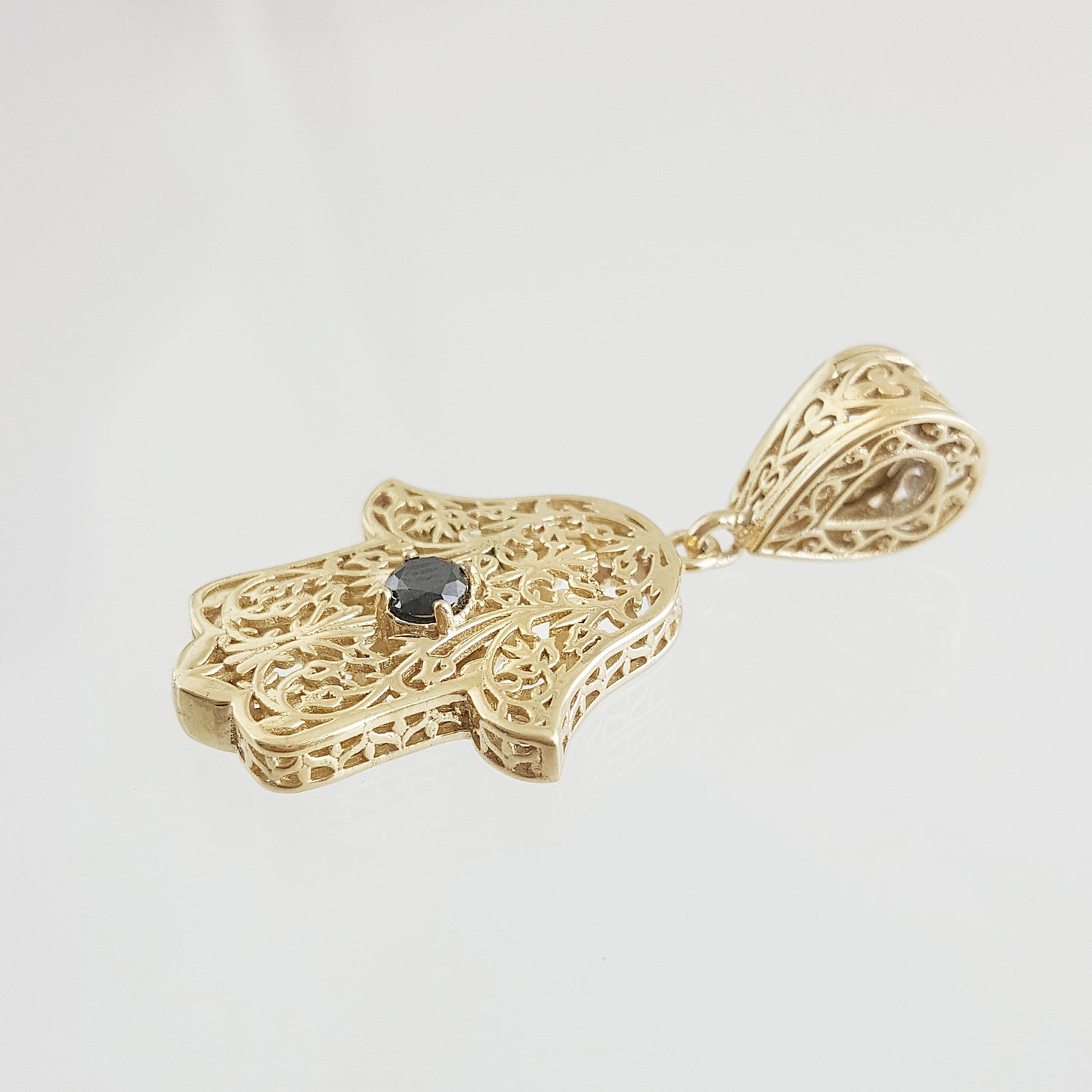 Filigree Hamsa Pendant with Ruby or Black Crystal