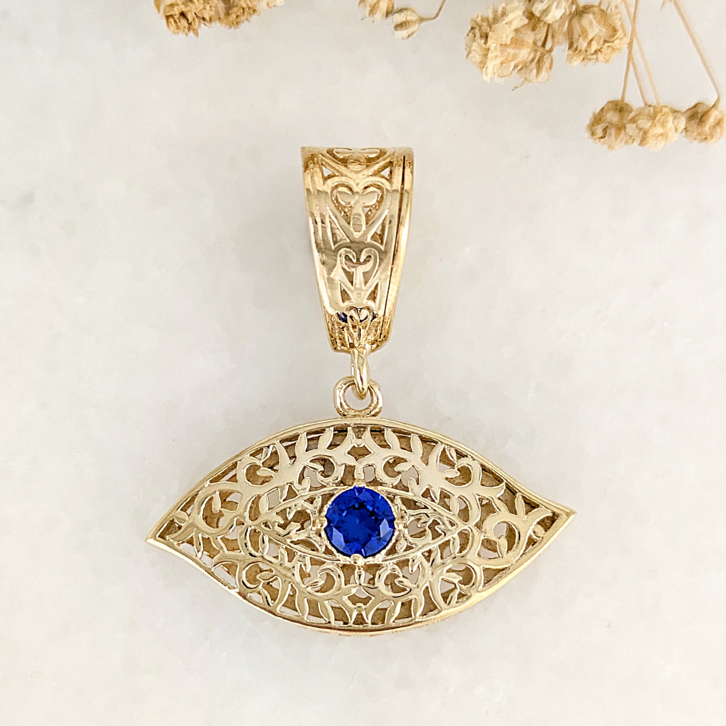 Filigree Evil Eye Pendant with Blue Crystal