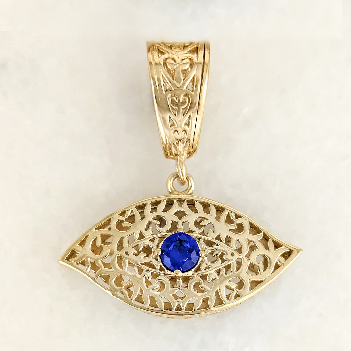 Filigree Evil Eye Pendant with Blue Crystal