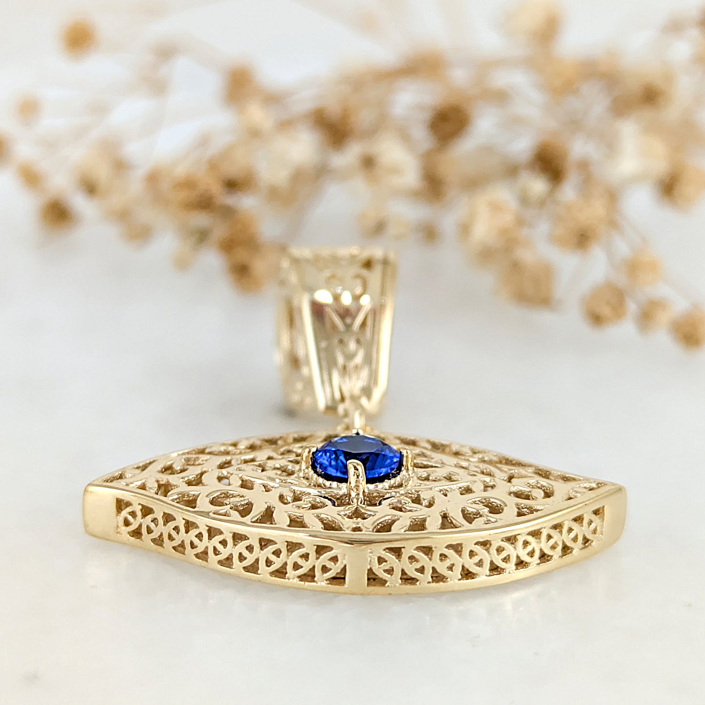 Filigree Evil Eye Pendant with Blue Crystal
