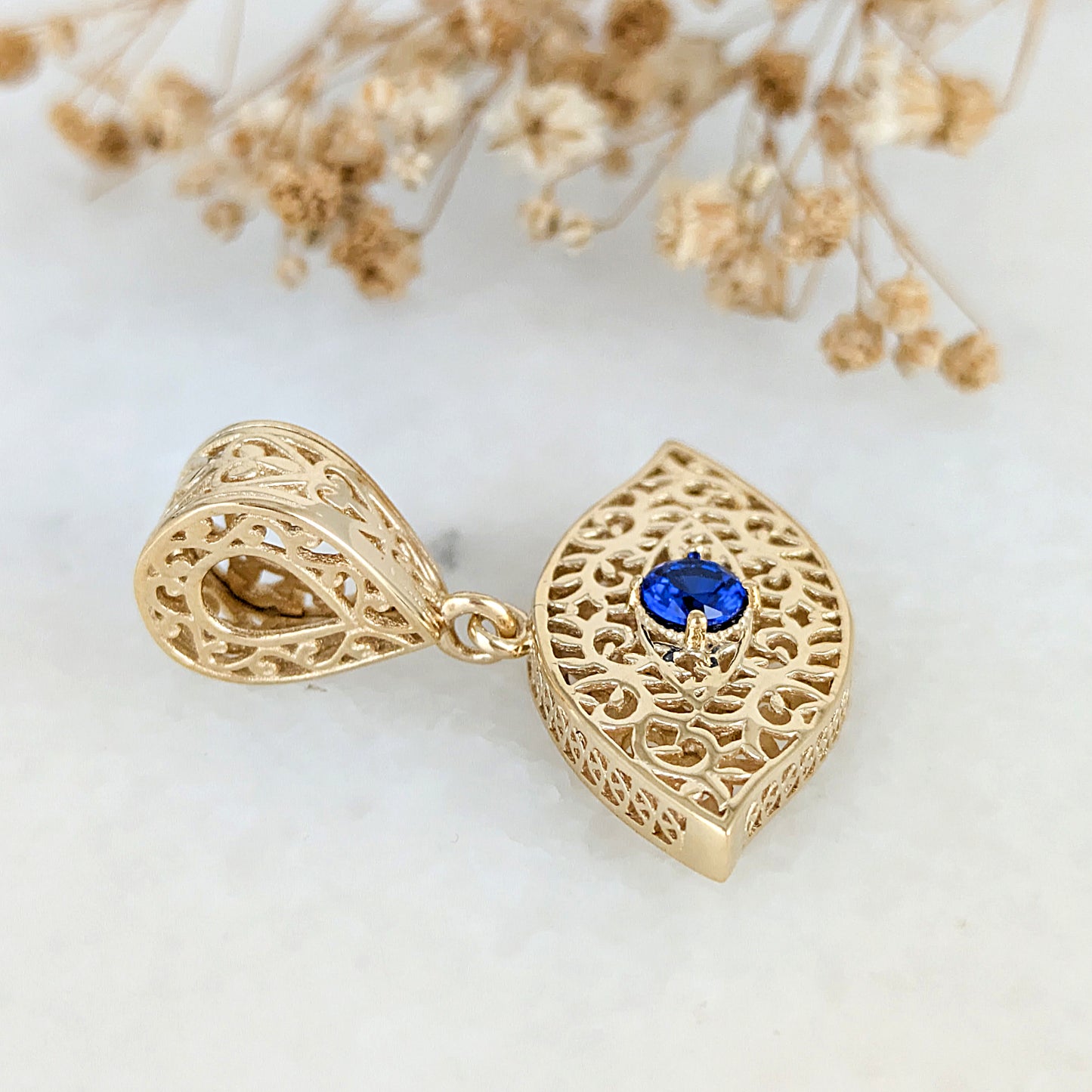 Filigree Evil Eye Pendant with Blue Crystal