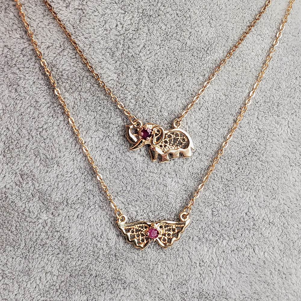 Charm Necklace Collection with Ruby – Angel Wings, Elephant, Cross – Gold over Bronze - TurkishBling